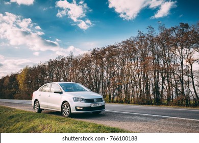 Gomel, Belarus - April 25, 2017: VW Volkswagen Polo Vento Sedan Car Parking Near Asphalt Road In Spring Day.
