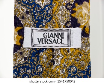GOMEL, BELARUS - OCTOBER 25, 2019: Gianni Versace tie. Gianni Versace S.r.l. usually referred to simply as Versace, is an Italian luxury fashion company founded by Gianni Versace in 1978.