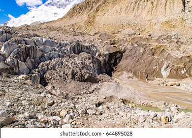 Gomukh, snout of the Gangotri Glacier, from where Bhagirathi or Ganges River originates. Gangotri glacier is one of the largest in the Himalayas at 4023 m  in Uttarkashi, Uttarakhand, India. - Powered by Shutterstock