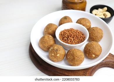 Gond And Methi Ke Laddu Or Pinni. Fenugreek Laddu Made From Fenugreek Seeds, Saunf, Jaggery, And Nuts. Immunity Booster Food For Winters. Copy Space