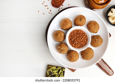 Gond And Methi Ke Laddu Or Pinni. Fenugreek Laddu Made From Fenugreek Seeds, Saunf, Jaggery, And Nuts. Immunity Booster Food For Winters. Copy Space