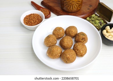 Gond And Methi Ke Laddu Or Pinni. Fenugreek Laddu Made From Fenugreek Seeds, Saunf, Jaggery, And Nuts. Immunity Booster Food For Winters. Copy Space