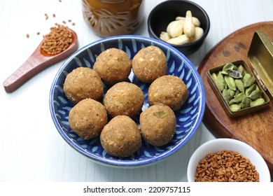 Gond And Methi Ke Laddu Or Pinni. Fenugreek Laddu Made From Fenugreek Seeds, Saunf, Jaggery, And Nuts. Immunity Booster Food For Winters. Copy Space