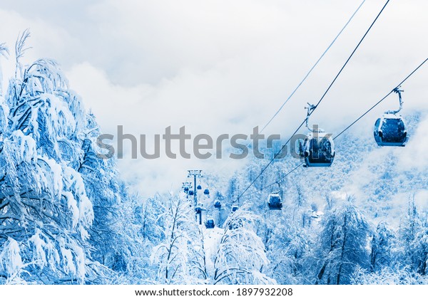 Gondola lift in ski resort in winter mountains\
during snowfall. Rosa Khutor, Sochi, Russia. Beautiful snow-covered\
forest, winter\
landscape