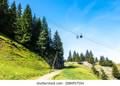 Gondola in mountain landscape. La Clusaz, Haute-Savoie, France