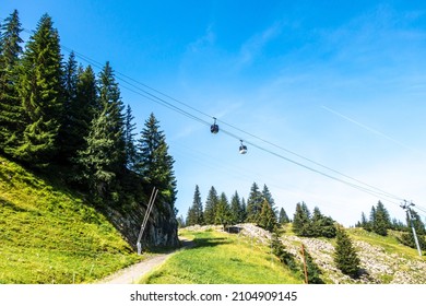 Gondola in mountain landscape. La Clusaz, Haute-Savoie, France