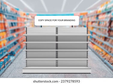 Gondola Shelving Front Display with Copy Space for Branding in Supermarket, Empty Display Stand. #gondola #branding #supermarket  - Shutterstock ID 2379278593