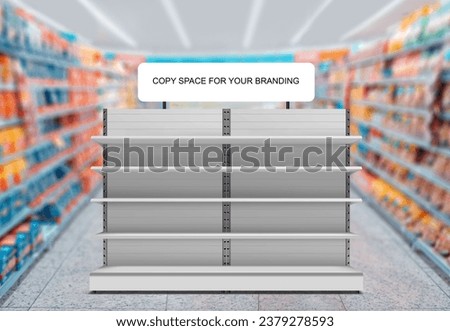 Gondola Shelving Front Display with Copy Space for Branding in Supermarket, Empty Display Stand. #gondola #branding #supermarket 
