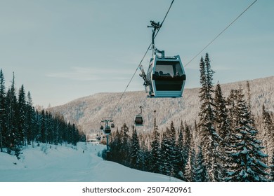 gondola ski lift in mountain ski resort, winter day, snowy spruce forest - Powered by Shutterstock