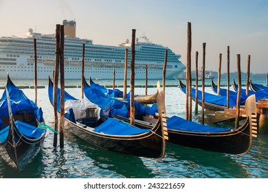 Gondolas On The Background Of A Huge Cruise Ship, Venice, Venezia, Italy, Europe,