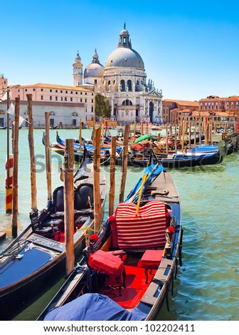 Image, Stock Photo Canal Grande and Basilica di Santa Maria della Salute illuminated at dusk night time. Venice, Italy