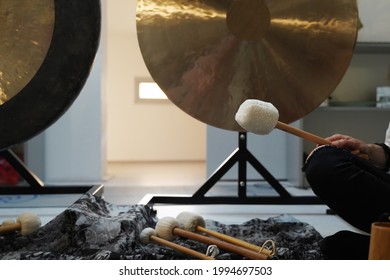 Gong yoga close up on instruments for sound relaxation and meditation