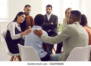 It's Gonna Be All Right. Don't Worry. Friends, Office Coworkers Or Patients In Therapy Comforting Sad Woman. Group Of People Talking To Young Black Girl, Listening To Her Story And Supporting Her