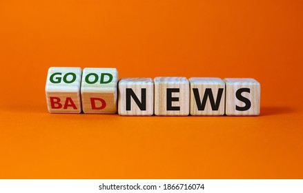 Good or bad news concept. Fliped cubes and changed the words 'bad news' to 'good news'. Beautiful orange background. Business and good news concept. Copy space.