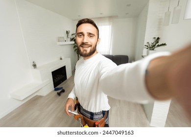 Good day mood build builder construction constructor engineer workman repairman concept. Close up photo portrait of cheerful glad handsome beaming toothy bearded guy make take selfie on smart phone. - Powered by Shutterstock