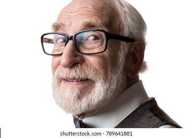 Good Eyesight. Close Up Of Mature Male Face In Framed Glasses Looking At Camera With Joy. Isolated On Background