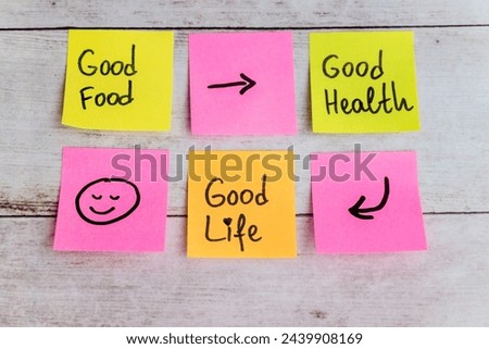 Good food, good health , good life written on sticky notes 