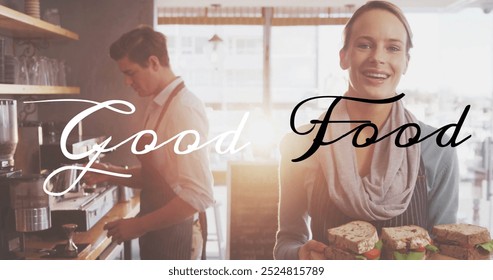 Good Food text image over people preparing and serving sandwiches in cafe. Cooking, culinary, restaurant, preparation, chef, teamwork - Powered by Shutterstock