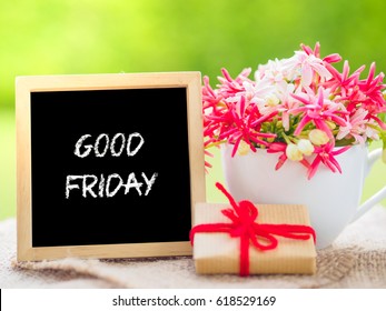 Good Friday concept. Poster mock up template with flower bouquet, marshmallow in the shape of heart and gift over green background
