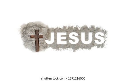 Good Friday, Jesus Word In Ash And Jesus Cross As A Religion Concept.Ash Wednesday Is A Christian Holyday Of Prayer And Fasting, Give Holy 40 Day Before Easter.Christian, Catholic.Lent Day.isolated.