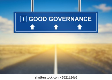 Good Governance Words On Blue Road Sign With Blurred Background