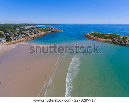 Good Harbor Beach and Salt Island aerial view in summer in Gloucester, Cape Ann, Massachusetts MA, USA.