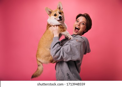 Good humored woman holds dog and laughing on pink background. Emotional sort-haired girl in grey hoodie poses with corgi on isolated