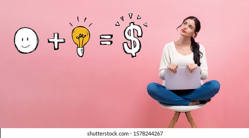 Good Idea Equals Money With Young Woman Using A Laptop Computer