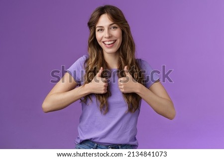 Good idea lets do it. Cheerful upbeat feminine girl recommend good skincare product professional stylish like new hairstyle show thumbs up sign agree approving nice job encourage well done