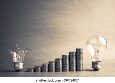 Good idea will make money more, broken and good light bulb with coins stair for improvement or success concept
