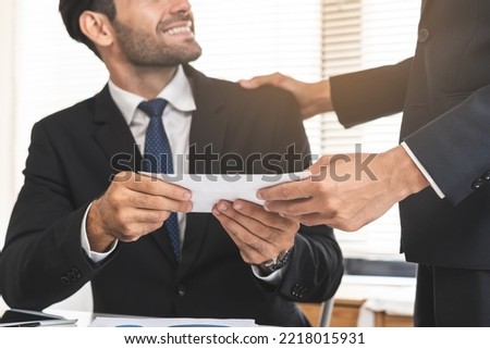 Good job, asian manager man giving financial reward in an envelope, business letter extra salary to company employee, caucasian male worker office hand received premium bonus, getting cheque from boss