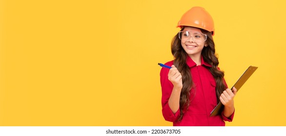 Good Job. Future Engineer. Study At School. Sight Check. Teen Girl In Protective Glasses. Child Builder In Helmet Horizontal Poster Design. Banner Header, Copy Space.