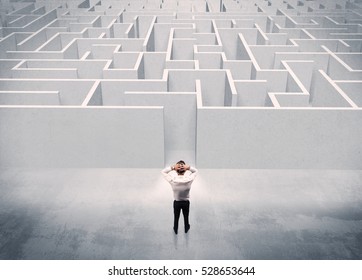 A good looking businessman with briefcase standing in front of white labirynth entrance about to make a decision concept - Shutterstock ID 528653644