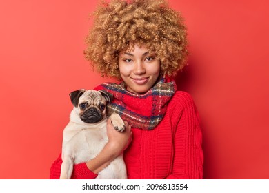 Good looking cheerful woman with blonde curly hair wears casual jumper and scarf around neck poses with dog going to have walk with favorite pet isolated over red background. People animals concept