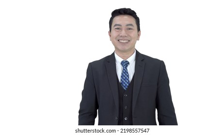 Good Looking And Smart Asian Senior Businessman In Business Formal Suit Portrait On White Background.