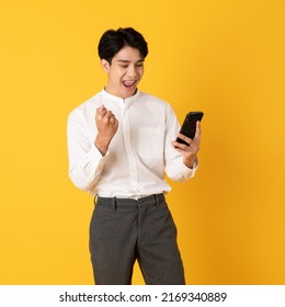 Good Looking Teenage Asian Man With Laugh Isolate On Yellow Background Happy For Win Loterry