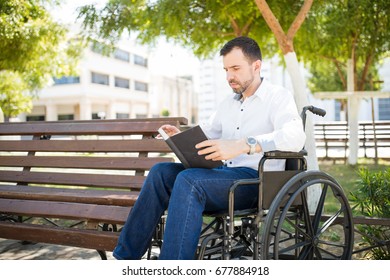 Good Looking Young Hispanic Man In A Wheelchair Reading A Book While Passing Time In A Park