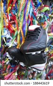 Good Luck Football Boots Soccer Cleats Hanging With Brazilian Wish Ribbons In Salvador Bahia Brazil