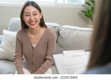 Good Mental Health. Beautiful Asian Women Or Patient Feel Relieved After Consulting And Talking With A Psychiatrist About Life's Problems In Mental Hospital. 