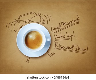 Добрый утренний кофе и будильник концепция