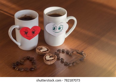 Good Morning Coffee On Valentine's Day With Two Smiling Hearts