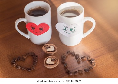 Good Morning Coffee On Valentine's Day With Two Smiling Hearts