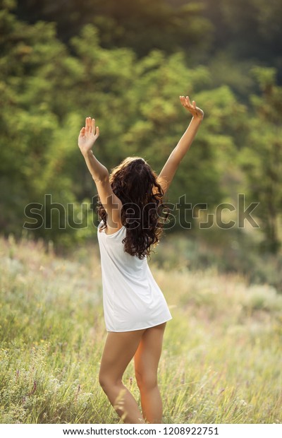 Good Morning Concept Young Woman Outstretching People Beauty