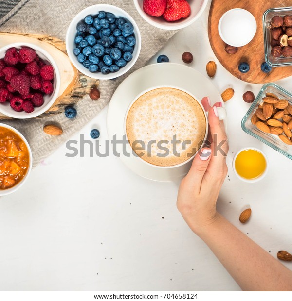 Good Morning Healthy Breakfast Background Oatmeal Stock Photo