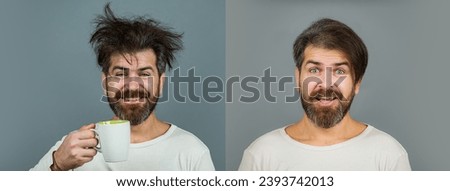 Good morning. Man with cup of tea. Hipster man with cup of coffee. Bearded man with cup after good morning. Morning wake up. Mans holds cup of coffee, tea. Morning tea. Vs , after and before.