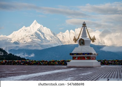 Good morning Meili snow mountain with stupas in yunnan china