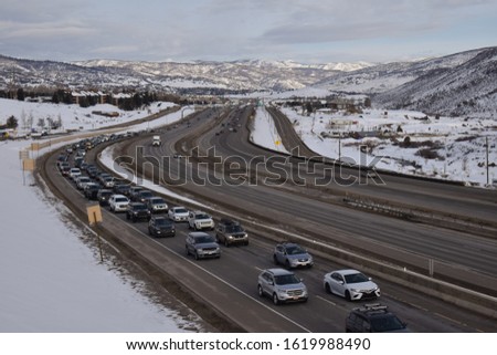 Good morning on the Lincoln Highway in winter season in Kimball Junction, Park City, Utah, USA. 