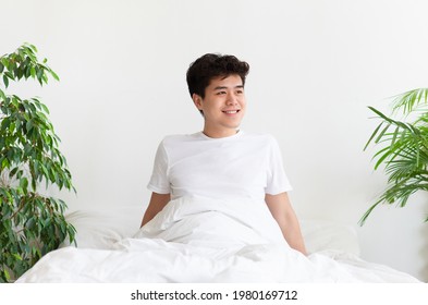 Good morning, positive emotions at weekend. Happy young asian male wakes up, sits on bed and looks towards empty space or window on white wall background in bedroom interior with plants, indoor