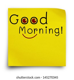 Good Morning With Smiley Face On Yellow Sticker Paper Note