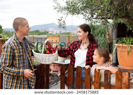 Good neighbors communicate while standing by the fence between houses